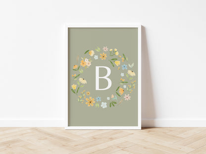 Personalised Floral Initial Wall Print 2 colours- Digital & Physical