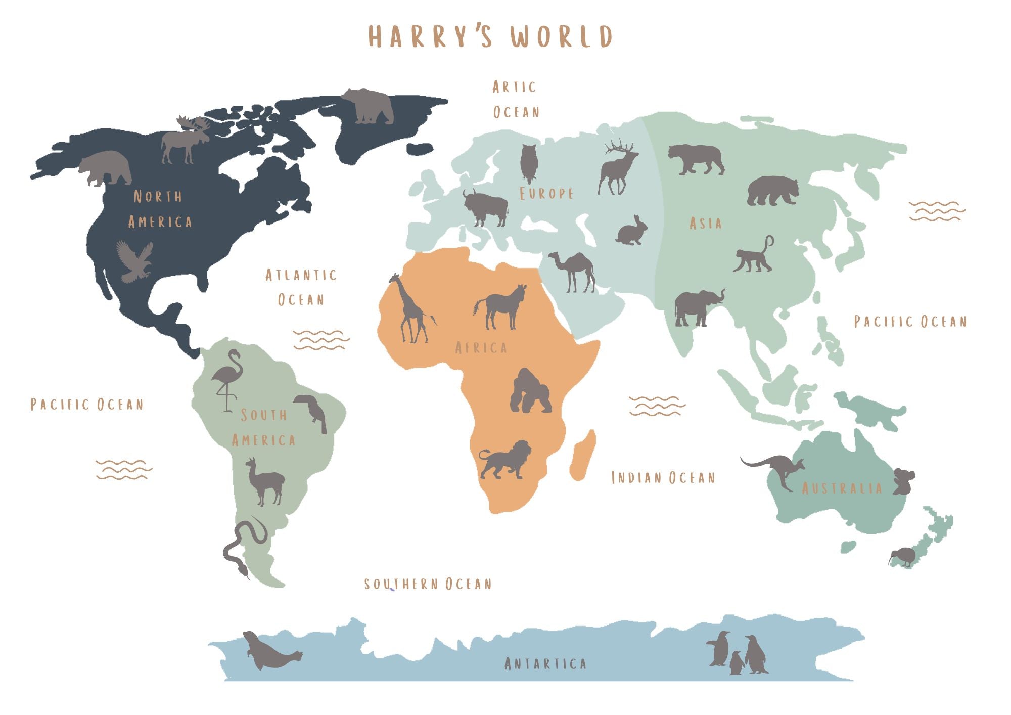 Animal World Map - Personalised Name Option 3 colours- Digital & Physical Print