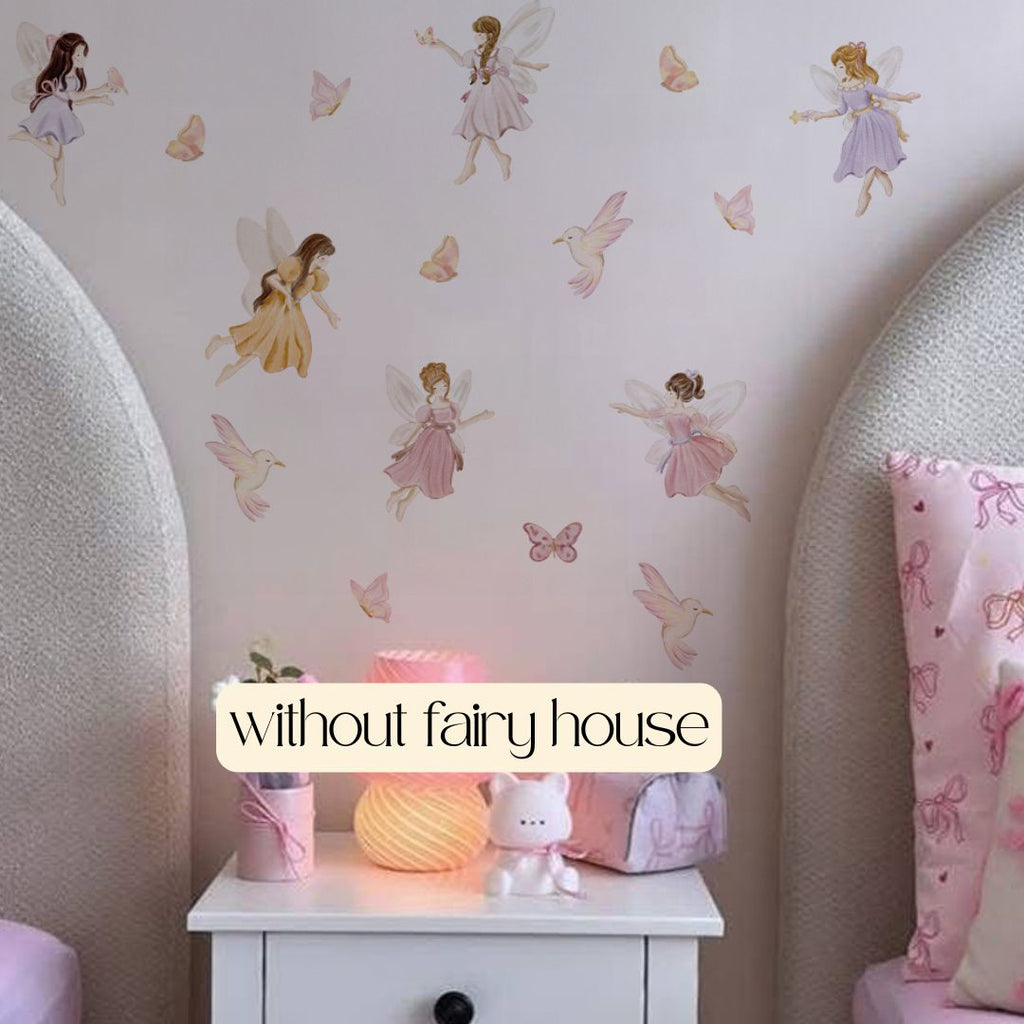 Children's room with fairy wall decals and a small table with toys, labeled 'without fairy house'.