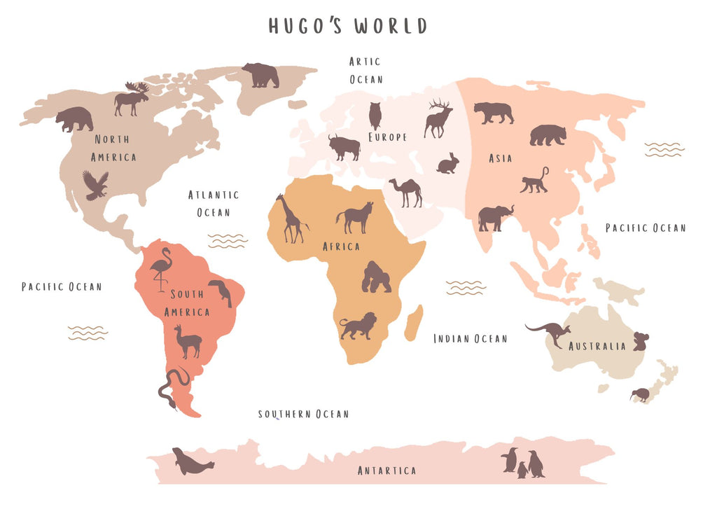 Animal World Map - Personalised Name Option 3 colours- Digital & Physical Print