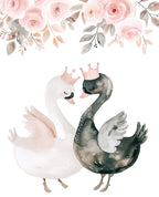 Two Swans & Flowers Prints
