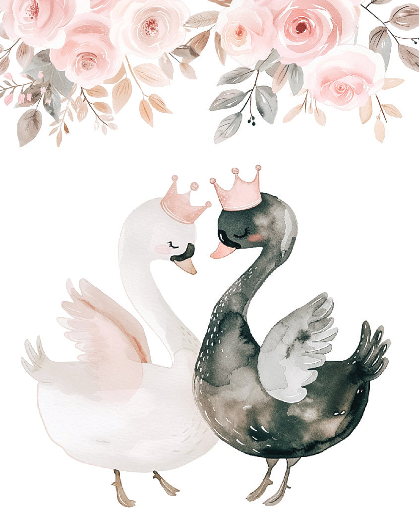 Two Swans & Flowers Prints