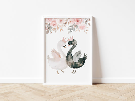Two Swans & Flowers Prints
