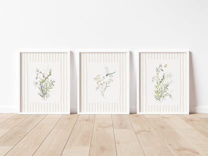 Set of 3 Striped Botanical Flowers - Digital & Physical Print