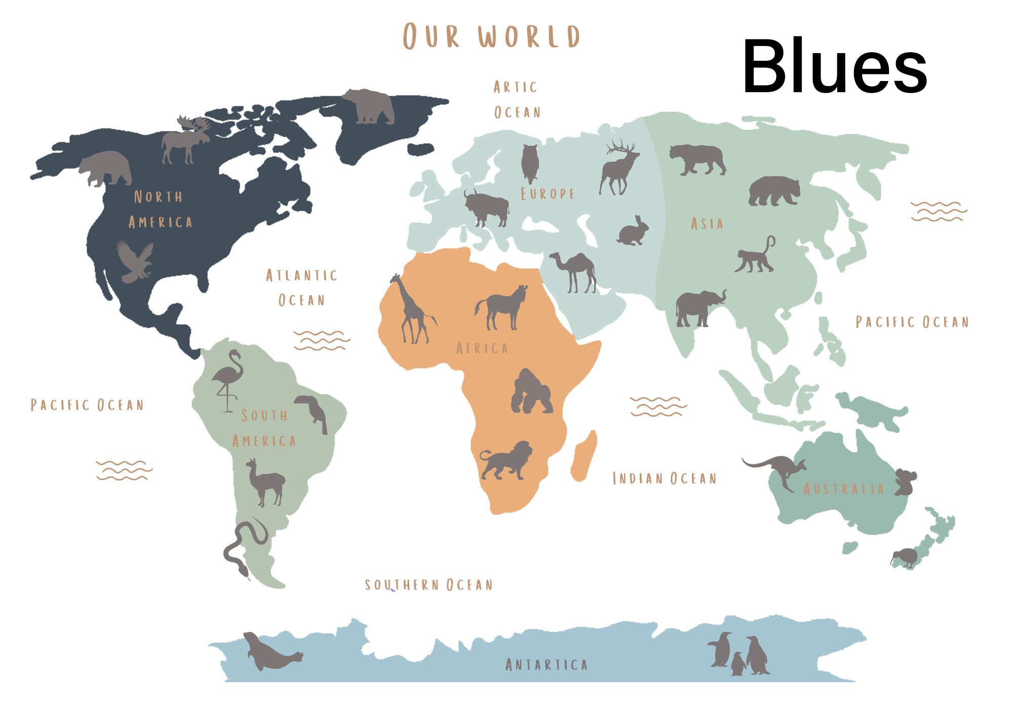 Animal World Map - Personalised Name Option 3 colours- Digital & Physical Print