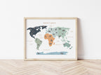 Animal World Map - Personalised Name Option 3 colours- Digital & Physical Print