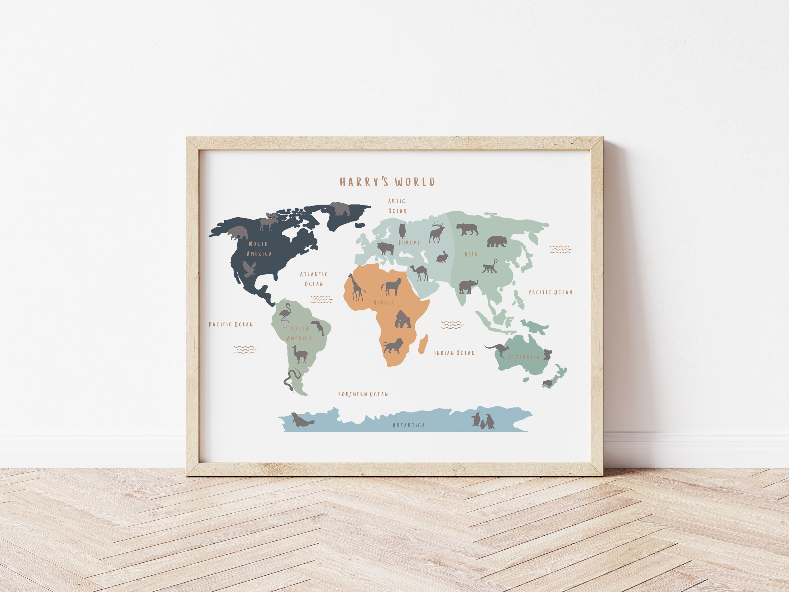 Animal World Map - Personalised Name Option 3 colours- Digital & Physical Print