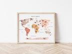 Animal World Map - Personalised Name Option 3 colours- Digital & Physical Print