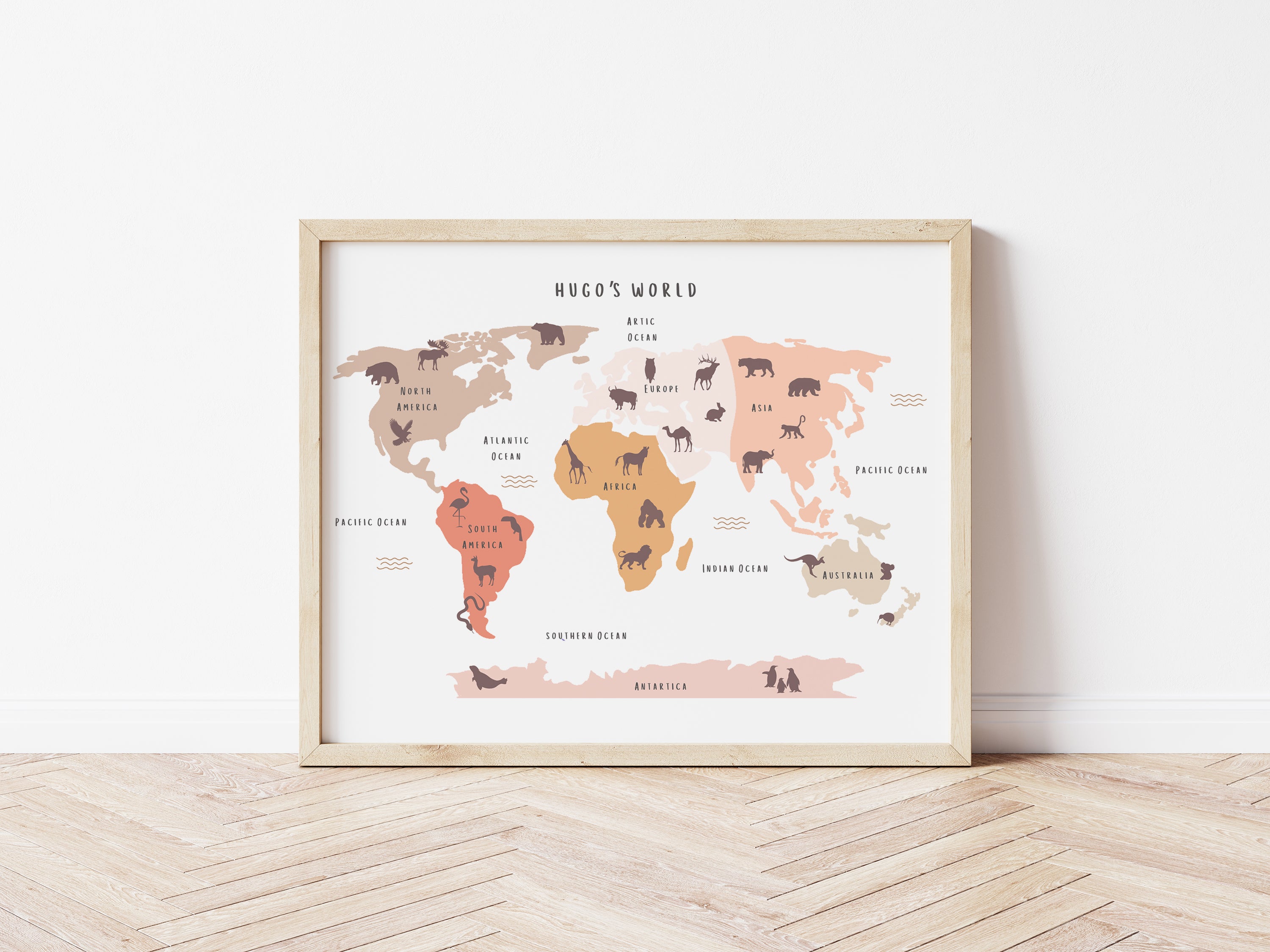 Animal World Map - Personalised Name Option 3 colours- Digital & Physical Print