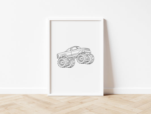 Monochrome Side View Monster Truck Wall Print