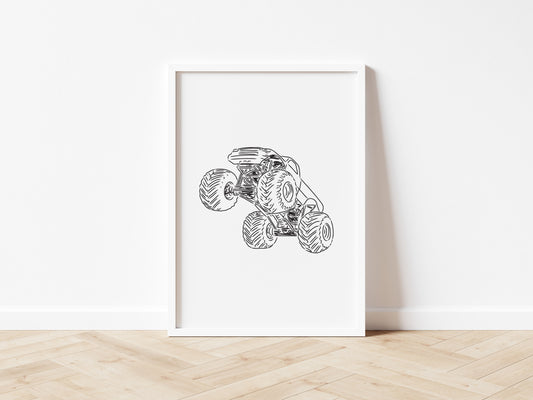 Monochrome Jumping Monster Truck Wall Print