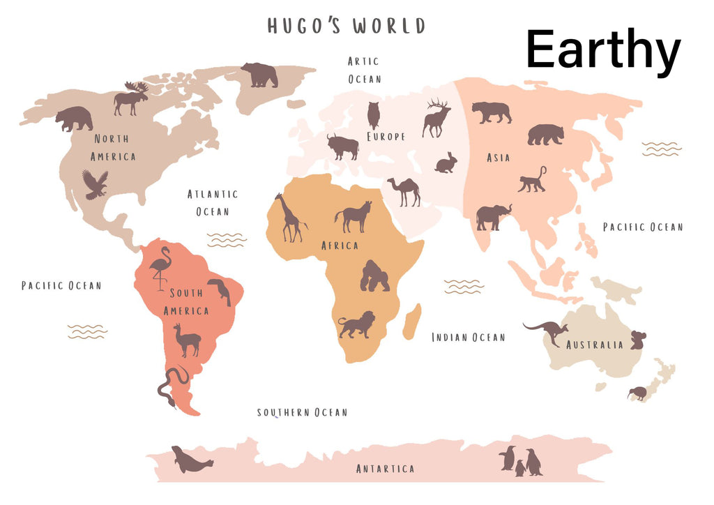 Animal World Map - Personalised Name Option 3 colours- Digital & Physical Print