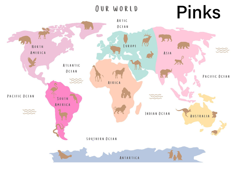 Animal World Map - Personalised Name Option 3 colours- Digital & Physical Print