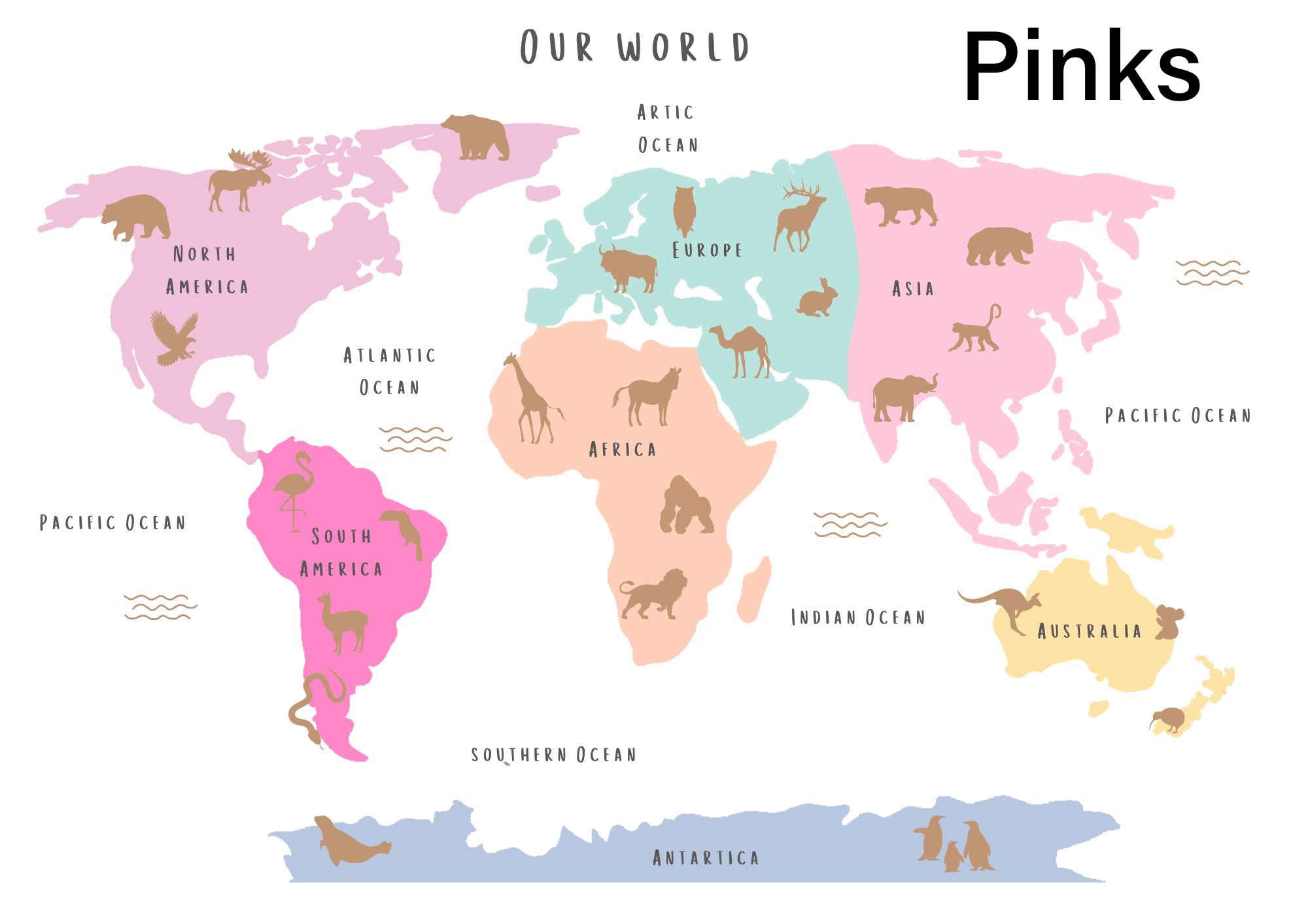 Animal World Map - Personalised Name Option 3 colours- Digital & Physical Print