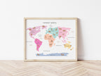 Animal World Map - Personalised Name Option 3 colours- Digital & Physical Print