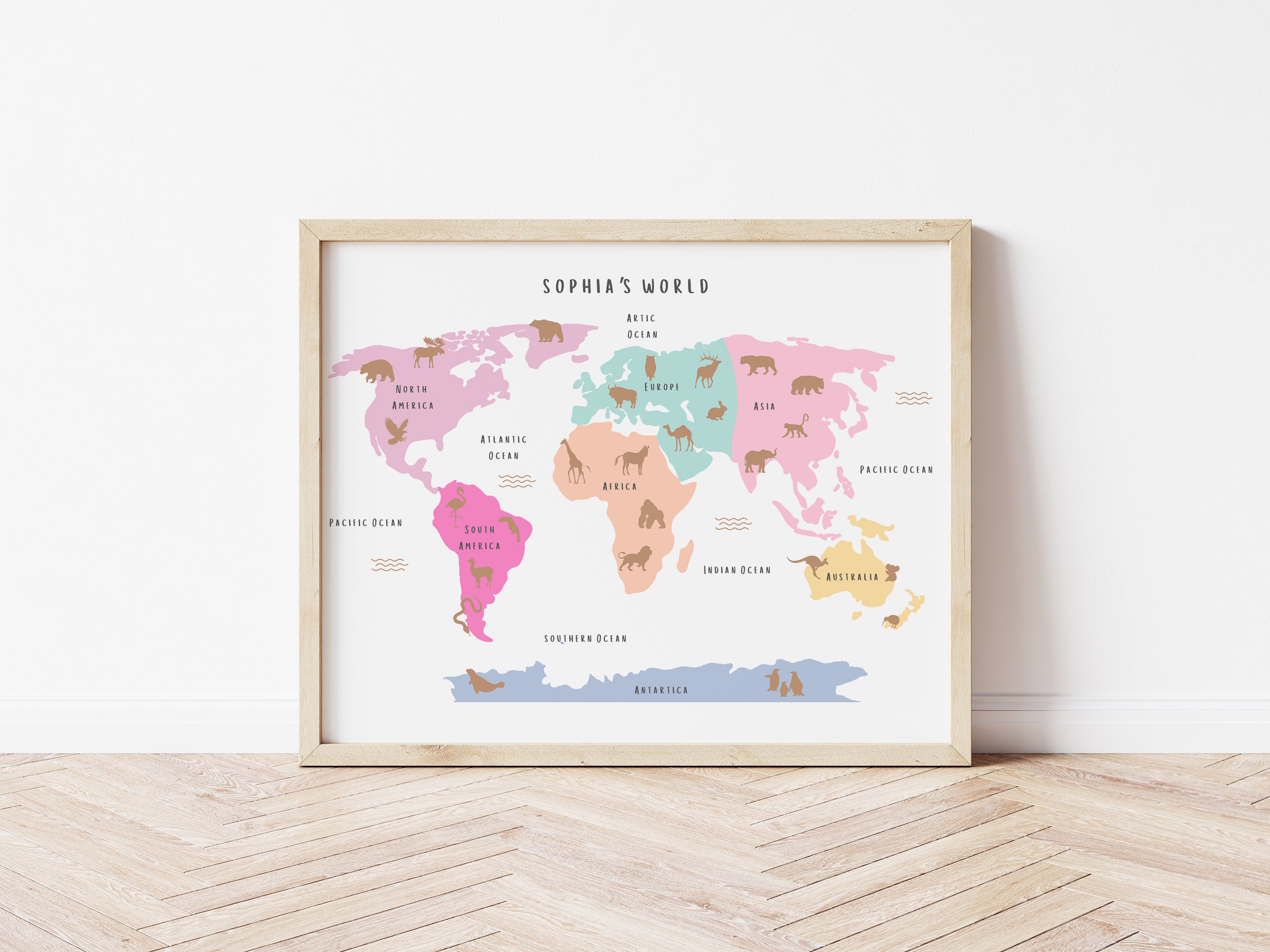 Animal World Map - Personalised Name Option 3 colours- Digital & Physical Print
