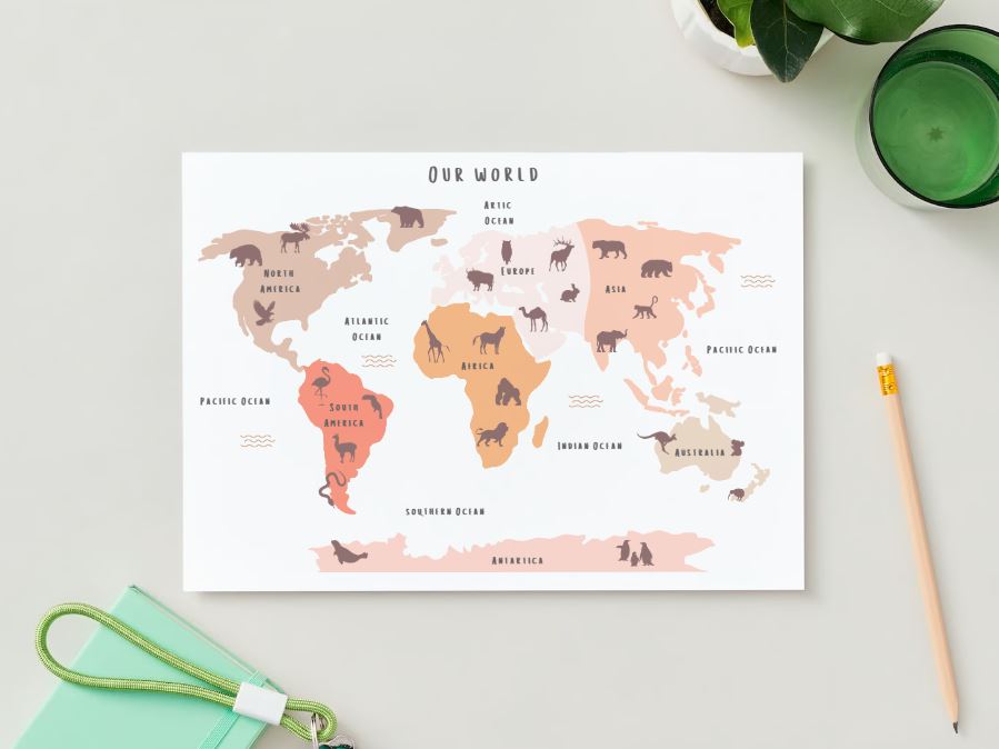 Animal World Map - Personalised Name Option 3 colours- Digital & Physical Print